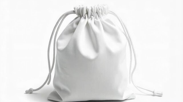 Satin white drawstring bag laying on white background. Clean bright image, minimal look for commercial design or mockup.