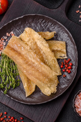 Dried salted fish, snacks or jerky, slices of white fish fillets