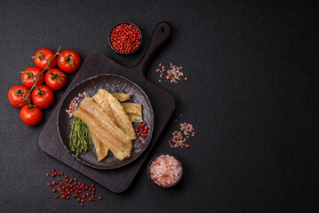 Dried salted fish, snacks or jerky, slices of white fish fillets