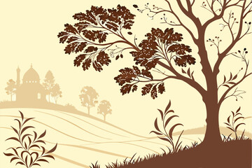Obraz premium Serene Landscape with Tree and Mosque Silhouette