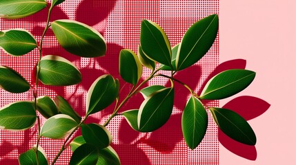 Green leaves on pink graphic background