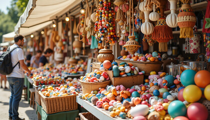 Colorful craft market with people shopping for decorative items