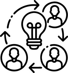 Collaboration and Innovation - themed Vector Icon. Features a light bulb surrounded by three people with arrows indicating exchange. Signifies teamwork, idea - generation. Editable shapes. Vector illu