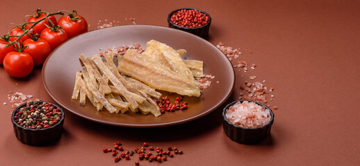 Dried salted fish, snacks or jerky, slices of white fish fillets