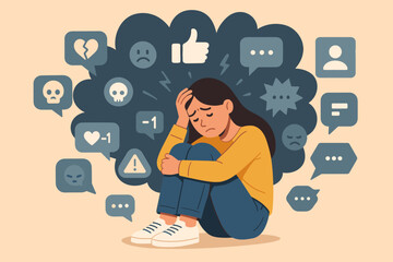 Social media impact on mental health concept. Stressed woman suffering from anxiety, depression, and cyberbullying. Negative online feedback, pressure, information overload, isolation.