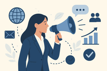 Businesswoman with megaphone announcing marketing strategy. Global communication, promotion, and business growth concept. Speaker for advertising, PR, and social media outreach. Vector illustration.