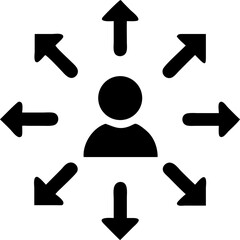Network Expansion and Influence Vector Icon. Features a person surrounded by outward - pointing arrows. Editable line vector illustration.