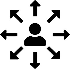 Influence and Network Reach Vector Icon. Displays a person with arrows pointing outward. Editable line vector illustration.