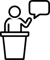 Public Speaking and Presentation Vector Icon. Features a person at a podium with a speech bubble. Editable line vector illustration.
