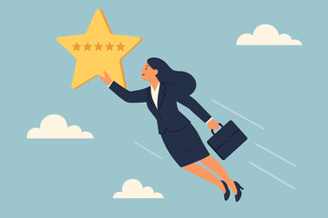 Businesswoman soaring to success, reaching for a five-star rating. Symbol of career achievement, ambition, and professional growth. Corporate leader aiming for excellence and top performance.