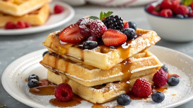 A stack of golden-brown waffles glistens under syrup drizzle, fresh berries rolling gently across the plate as powdered sugar settles 
