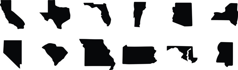 Black silhouette map icon set of U.S. states including Texas, California, Florida, New York, and more regional outlines.