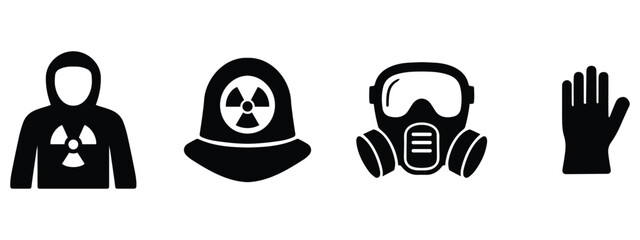 Hazmat and protection gear icon set including gas mask, gloves, and radiation suit in black silhouette on white background