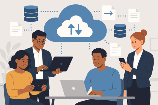 Cloud computing teamwork. Business collaboration. Online data sharing. File storage service. Remote work technology. People with laptop, tablet. Global network connection. Digital information. Vector.