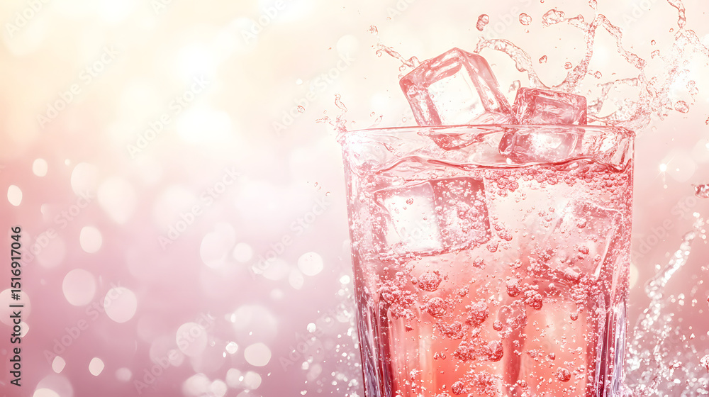 Poster refreshing beverage splash with ice cubes against a soft light background ideal for beverage adverti