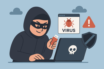 Masked cyber intruder, hacker activity. Cartoon character with laptop, USB stick. Computer virus, malware, data breach, phishing, online fraud. Cybersecurity concept.