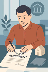 Man signing loan agreement for house purchase. Mortgage contract, financial investment in real estate. Banking services concept. Client securing property with bank loan.