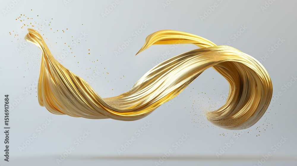 Poster Golden abstract brushstroke swirl floating on light background with smooth flowing texture and elegant metallic shine. Generated AI
