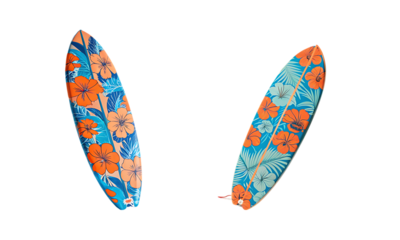 Two floral patterned surfboards upright with tropical designs