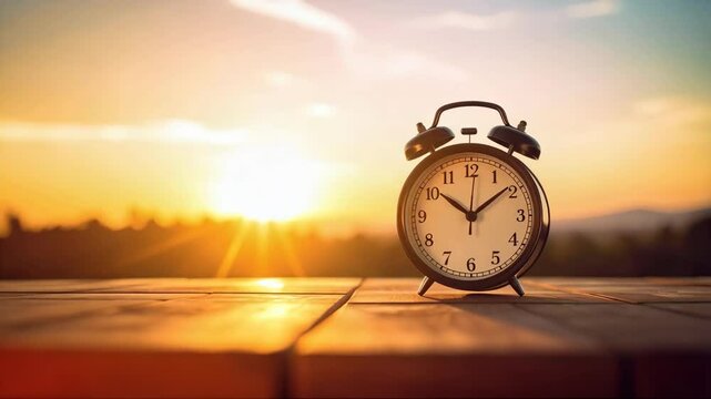 Analog alarm clock showing ten o'clock sitting on wooden surface at golden sunrise in bright sunny morning landscape, concept of punctuality