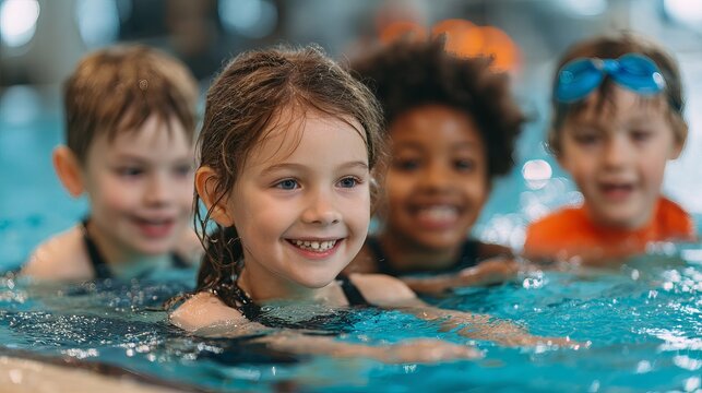 Happy Children Swimming Pool Water Fun Kids Summer Activity Enjoyable Leisure Playtime Active Healthy Lifestyle Adorable Smiling Faces Childrens Swimming Lessons Boys    