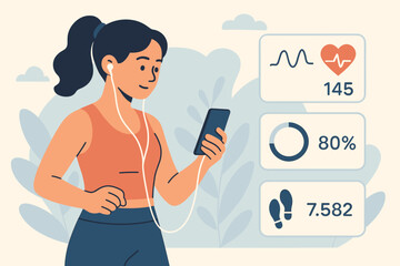 Woman exercising with fitness tracking app on smartphone. Girl monitors workout, heart rate, steps. Healthy active lifestyle, sport technology, health data UI, activity tracker vector.