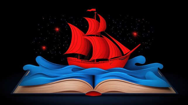 A vibrant illustration of a red ship sailing on blue waves, rising from an open book against a dark starry background, symbolizing imagination and adventure