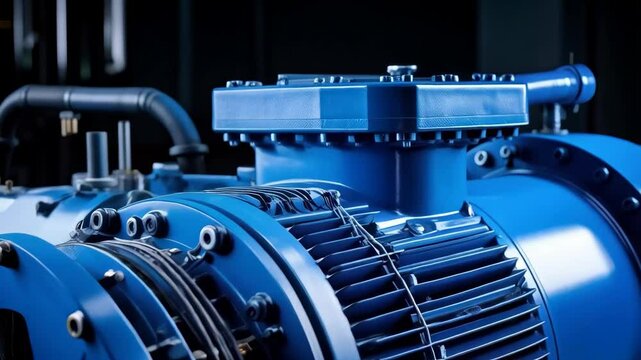 Powerful blue industrial electric motor featuring metal pipes, bolts, and ventilation fins for energy generation.