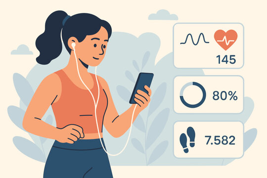 Woman exercising with fitness tracking app on smartphone. Girl monitors workout, heart rate, steps. Healthy active lifestyle, sport technology, health data UI, activity tracker vector.