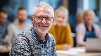 Smiling Senior Man Portrait Business Meeting Professional Older Adult Happy Grey Hair Glasses Casual Attire Conference Attendee Corporate Teamwork Collaboration Success