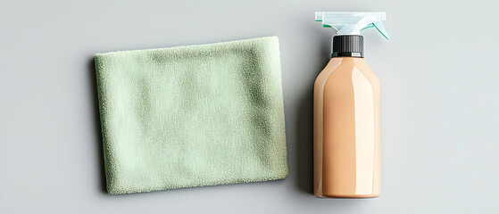 Green Cloth And Beige Spray Bottle On Gray Background