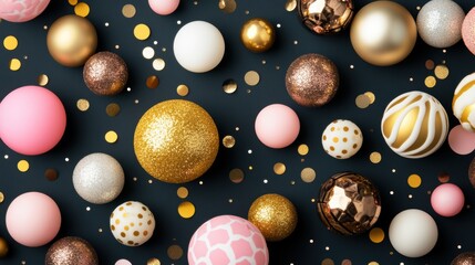 Colorful decorative spheres and glittering confetti create a festive background perfect for celebrations, invitations, or holiday promotions, Ideal for design projects and event marketing,
