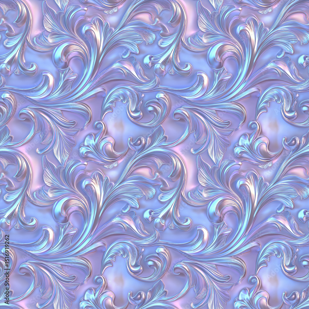 Poster pearlescent holographic seamless pattern with ornate swirling floral design. generated ai