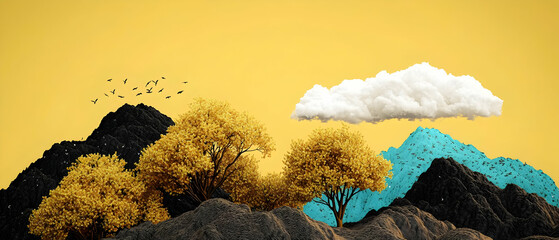 Abstract Digital Landscape With Golden Trees And Pastel Clouds