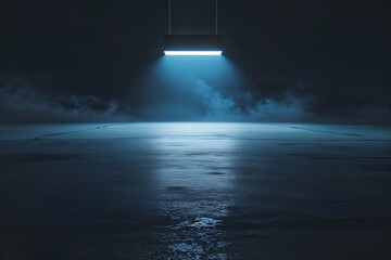 Dark room with blue light and foggy floor