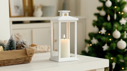 Obraz premium A cozy white lantern with a lit candle sits on a wooden table, surrounded by festive decorations and a Christmas tree in the background, Perfect for holiday dÃ©cor, cozy gatherings, or home ambiance,