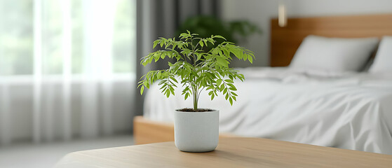 Small Plant On Light Wooden Table In Modern Bedroom
