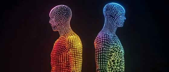 Two Abstract Human Figures With Rainbow Colors And Light Effects