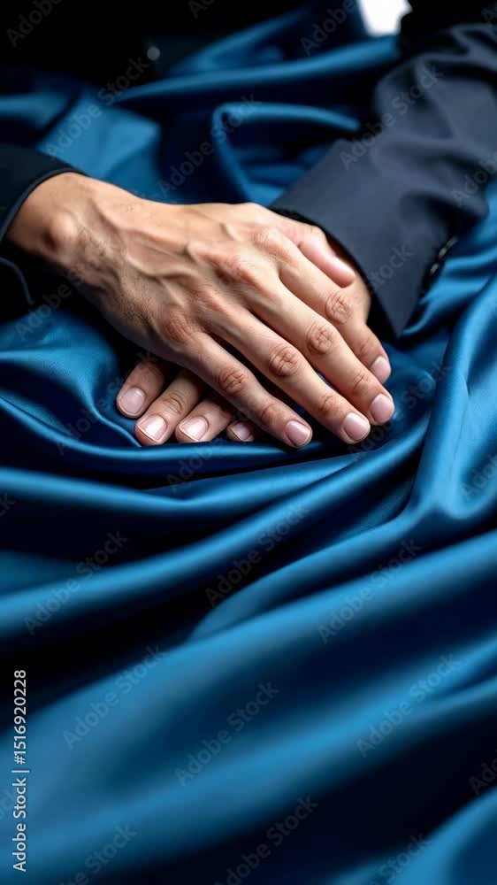 Poster hands in elegant black jacket resting on folded teal silk fabric creating flowing draped textures fo