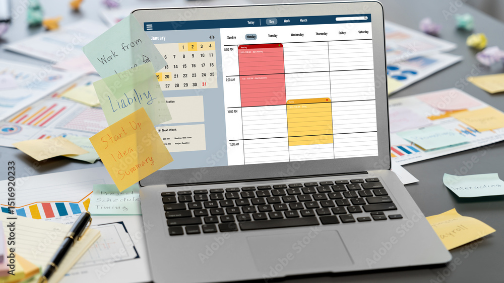 Poster sticky note for creative and analytic brainstorm for business idea with bi data dashboard on laptop 