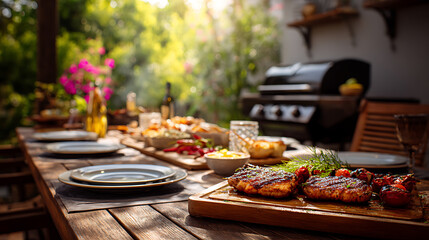 summer time gathering in backyard garden featuring grill BBQ, wooden table, blurred background
