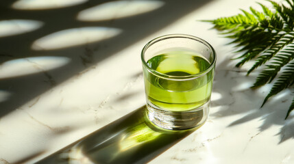 Chlorophyll Shot on Marble with Fern Shadows