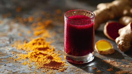 Small glass of ruby beet and ginger juice on sand-toned surface with turmeric flecks, soft light, raw and vibrant superfood aesthetic, high detail.
