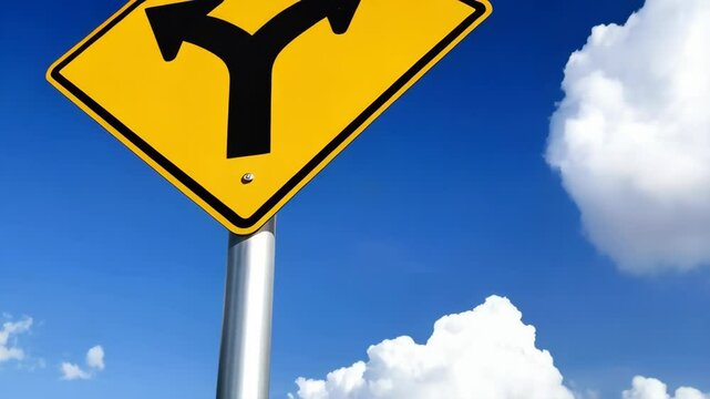 Yellow fork in the road sign under a blue sky with white clouds indicates a choice ahead and two directions available to take.