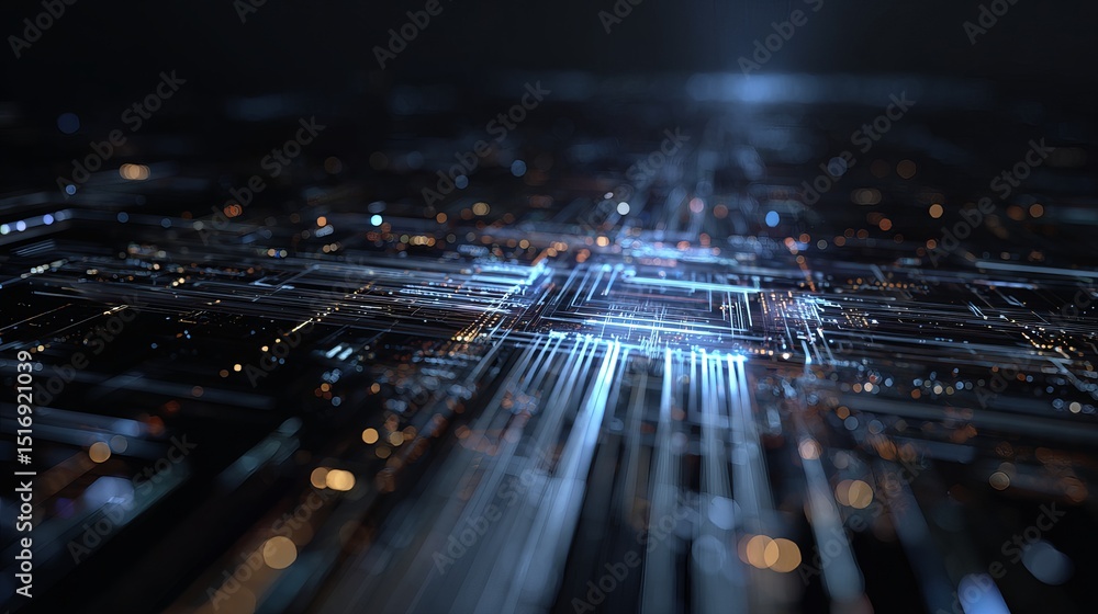 Poster abstract digital circuit board technology background futuristic network data stream lines glowing bl