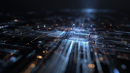 Abstract Digital Circuit Board Technology Background Futuristic Network Data Stream Lines Glowing Blue Orange Lights Modern Design High Tech Innovation Electronic Concept