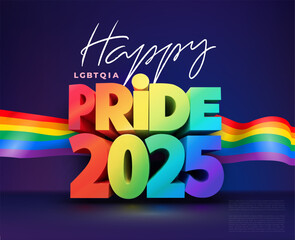 Happy Pride Gradient 2025 background LGBTQ. 3d volumetric letters. Vector banner logo lgbtq pride month. Web banner. Symbol of pride month june support. Pride month 2025 concept. Freedom rainbow flag.