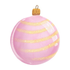 Watercolor pink Christmas ornament with golden glitter stripes. Hand-painted festive bauble for holiday decor, greeting cards, and seasonal designs.