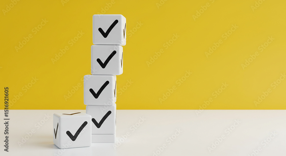 Poster stack of white cubes with black check marks against a yellow background on a white surface area