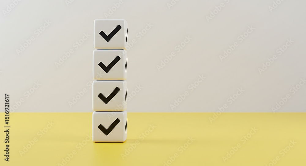 Aufkleber stack of four white cubes with black check marks on a yellow and white background simple and clean